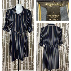 Millenium Navy Blue Mustard Yellow Striped Button Front Shirt Dress sz L